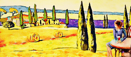 Tuscany landscape.Dolce vita concept banner, watercolor