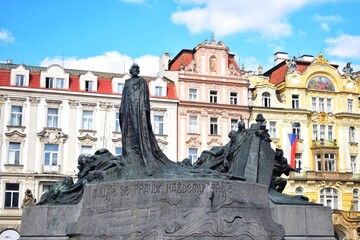 Jan Hus monument at old town square in Prague, Czech Republic.  A large monument represents the warrior, the victor, the hustler and the Protestant.
