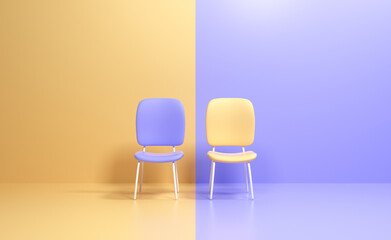 Two chairs with different colors. Business competition. know your competitor concept, business leadership. 3d render illustraiton