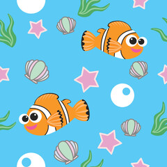 Smiling Nemo fish seamless pattern, shellfish, sea fish, seaweed on blue color background, anemonefish