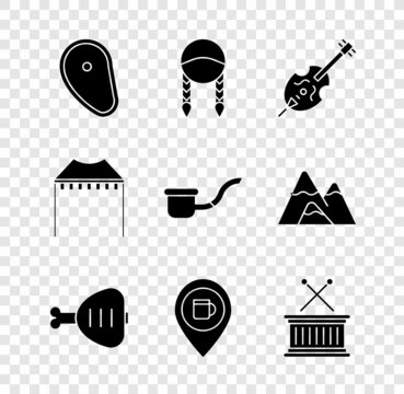 Set Steak meat, Braid, Violin, Chicken leg, Alcohol or beer bar location, Musical drum and sticks, Camping tent and Smoking pipe icon. Vector