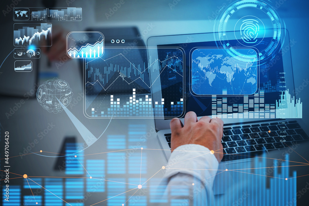 Poster businessman working in front of laptop, blue hologram glowing digital information security interface
