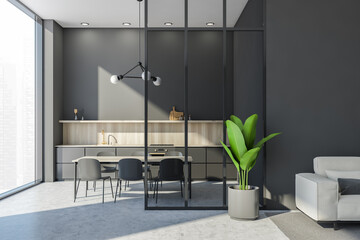 Grey space with a minimalist kitchen and a table behind a partition wall