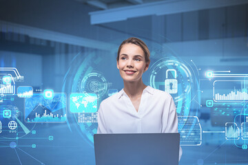 Smiling businesswoman with laptop, desktop at office interior, white blue glowing information protection icons. Padlock and business symbols. Concept of cyber security and data storage