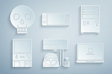 Set Racing simulator cockpit, Computer, Retro arcade game machine, Laptop, Portable video console and Skull icon. Vector