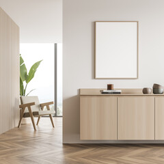 Banner in the light beige room space with armchair behind partition wall