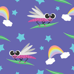 Smiling pink cute dragonfly seamless pattern, leaves, stars, rainbow on purple background, texture, fabric 