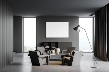 Living room interior with empty white poster on the wall