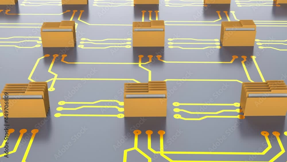 Poster data storage archive concept with folder connect on circuit board 4k footage
