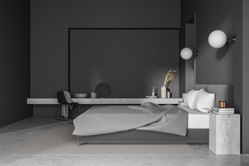 Dark grey panoramic bedroom with niche and white lights