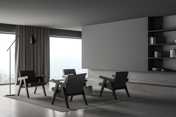 Naklejka premium Panoramic living room in shades of grey. Corner view