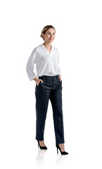 Fototapeta premium Young attractive businesswoman wearing white shirt is walking