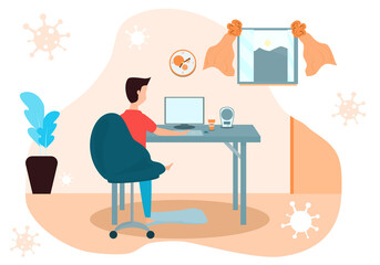 Concept work from home, COVID-19, relax. young man sitting in front of a computer desk  In the living room of the house during the quarantine period. Vector flat style. Illustration for stay home