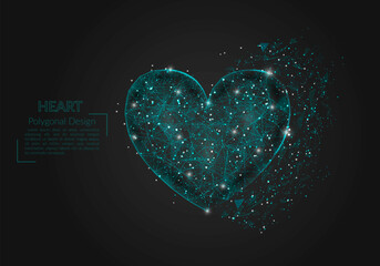 Abstract isolated blue image of a heart. Polygonal illustration looks like stars in the blask night sky in spase or flying glass shards. Digital design for website, web, internet. © Katsiaryna