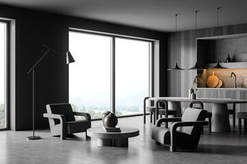 Panoramic space with kitchen, minimalist details and seating area. Corner view.