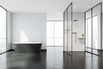 White panoramic bathroom space with walkways, black bathtub and glass shower cabin - obrazy, fototapety, plakaty
