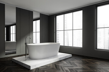 Fototapeta na wymiar Panoramic dark bathroom with a white bathtub on a platform