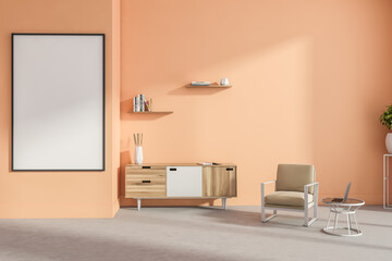 Living room interior with empty white poster and beige armchair