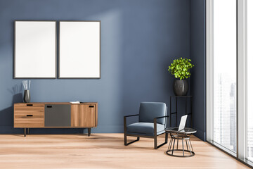 Living room interior with panoramic window and two white poster