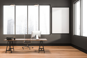 Office room interior with white empty poster and panoramic window