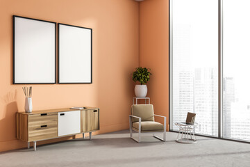 Living room interior with panoramic window and two white poster