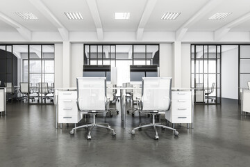 Fototapeta na wymiar Combined office desk in white and grey office spacr with sliding doors