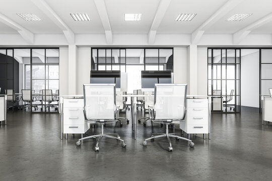 Combined office desk in white and grey office spacr with sliding doors
