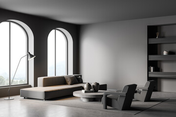 Dark grey living room with arch windows and niche bookshelves. Corner view.