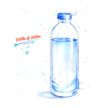 Watercolor illustration of glass bottle of water