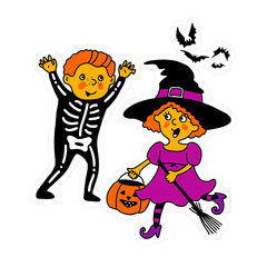 Halloween. Children in Halloween costumes. Halloween kids. Children in bright costumes .Bright characters for postcards, invitations. Sticker.