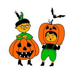 Halloween. Children in Halloween costumes. Halloween kids. Children in bright costumes .Bright characters for postcards, invitations. Sticker.