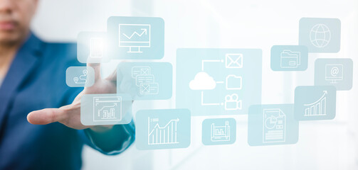 Businessman touchscreen on the graph Screen Icon of a media screen, Technology Process System Business with Communication and marketing concept, Team success, HR Human, Business success
