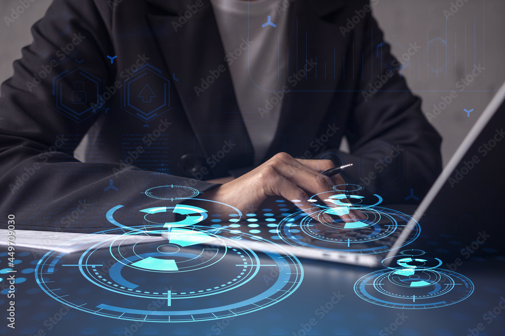 Poster woman typing the keyboard to create innovative software to change the world and provide a completely