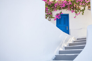 White cycladic architecture with blue door and pink bougainvillea flowers on Santorini island, Greece. Fantastic travel background Idyllic summer vacation holiday concept. Wonderful summer luxury vibe - obrazy, fototapety, plakaty