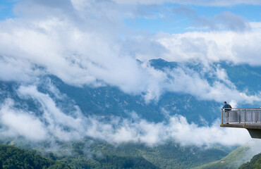 Viewpoint on the A15 with clouds among the forests of the Aralar mountain range, Navarre