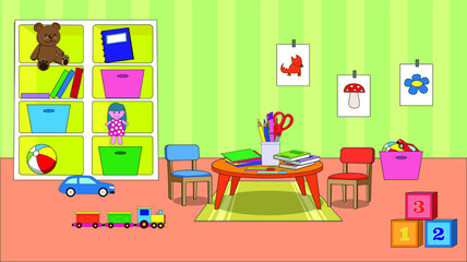 Children playroom interior vector design. Table and hairs, books, pencils and color paper, toys. 