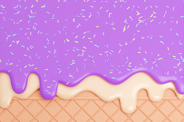 Blueberry and Vanilla Ice Cream melted with Sprinkles on Wafer Background.,3d model and illustration.