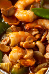 Chinese takeaway food. Kung Po king prawns with chashew nuts