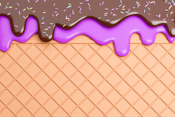 Blueberry and Chocolate Ice Cream melted with Sprinkles on Wafer Background.,3d model and illustration.