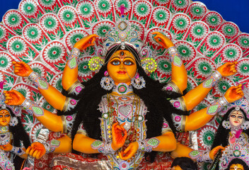 Close up view of Maa Durga's Face during Durga Puja festival.