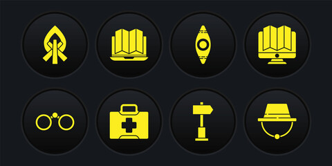 Set Binoculars, Location of the forest monitor, First aid kit, Road traffic signpost, Kayak canoe, laptop, Camping hat and Campfire icon. Vector