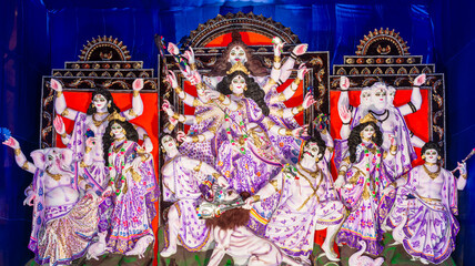 Idols of Hindu Goddess Maa Durga with her childrens during the Durga Puja festival.