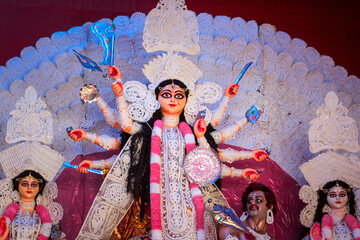 Idols of Hindu Goddess Maa Durga with her childrens during the Durga Puja festival.
