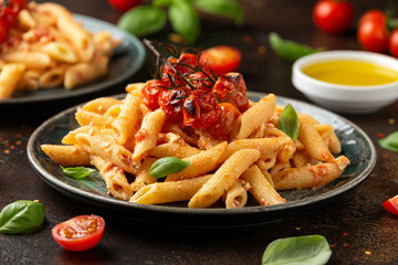 Baked sweet cherry tomatoes and Greek feta cheese fussily pasta. Trendy Vegetarian food