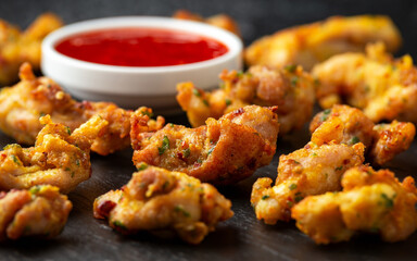 Chicken Pakora dish with sweet chilli sauce on rustic stone board