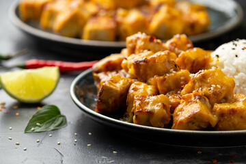 Mango Sticky tofu with jasmine rice and Thai basil
