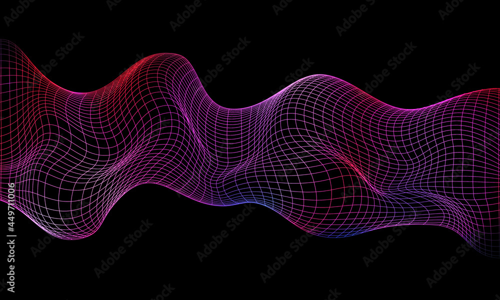 Poster abstract square mesh wave 3d geometric colors on black background vector illustration.