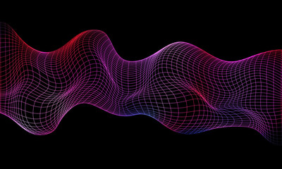 Abstract square mesh wave 3D geometric colors on black background vector illustration.