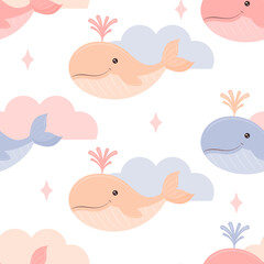 seamless pattern from cute whales baby on clouds. Kawaii character. Vector children illustration. Cartoon style.