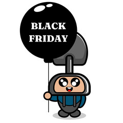 Cartoon character doodle cute farmer shovel costume mascot costume holding black friday balloon